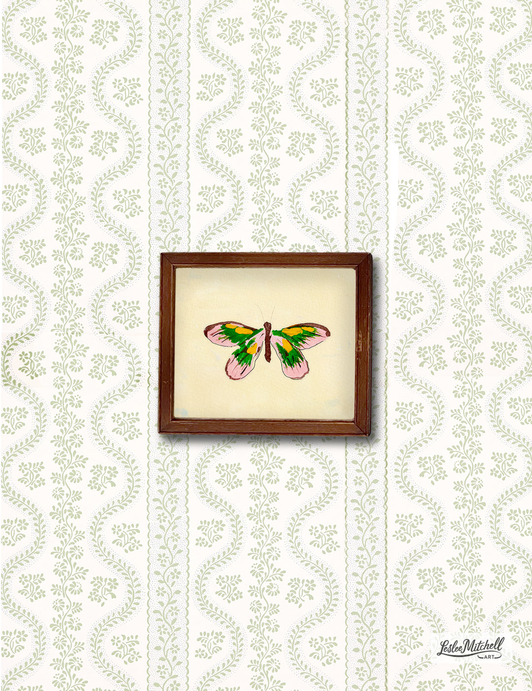 Pink Yellow and Green Butterfly On Yellow Giclèe Print Miniature Wooden Antique Frame