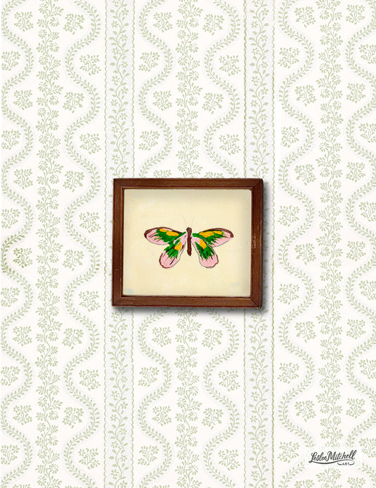 Pink Yellow and Green Butterfly On Yellow Giclèe Print Miniature Wooden Antique Frame
