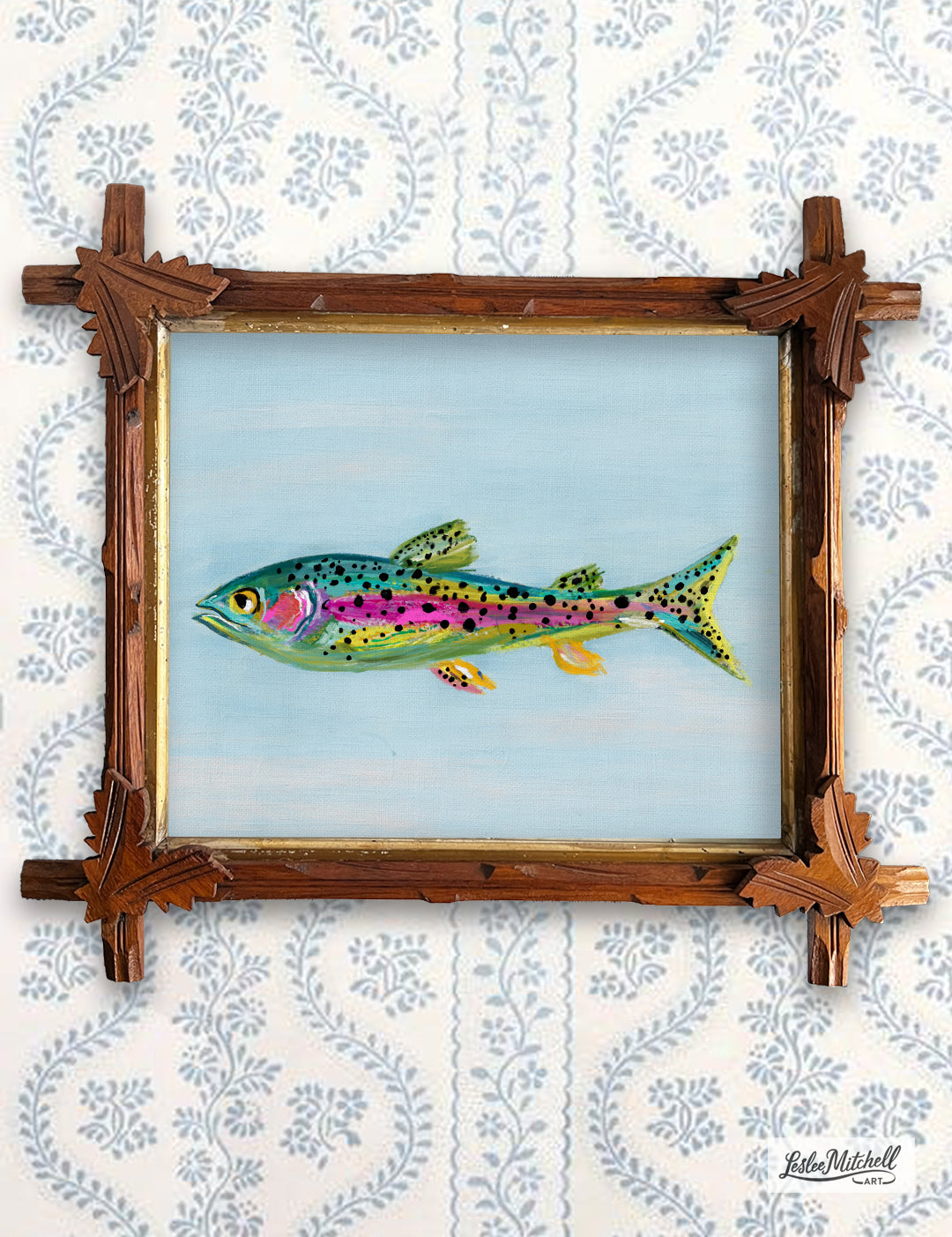 Rainbow Trout Giclée Print in Antique Tramp Art Frame