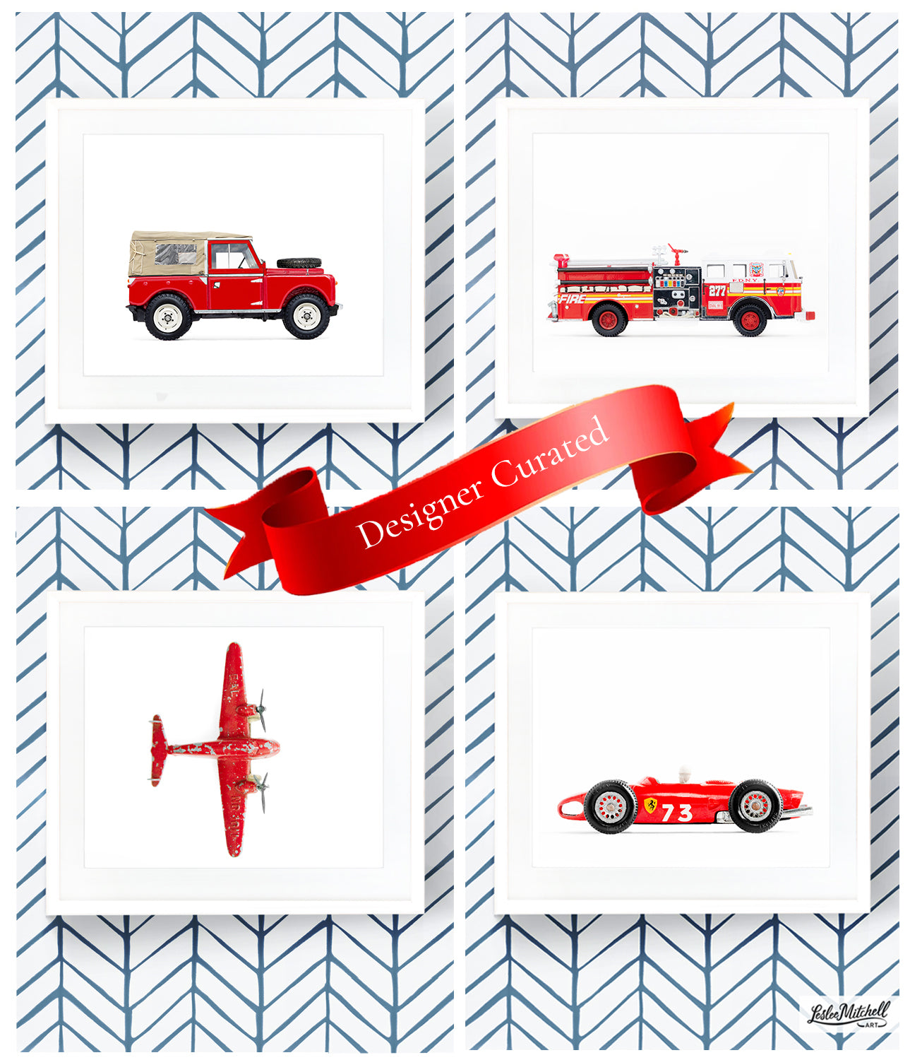 Set of Four - Red Classic Car Art Prints Designer Curated