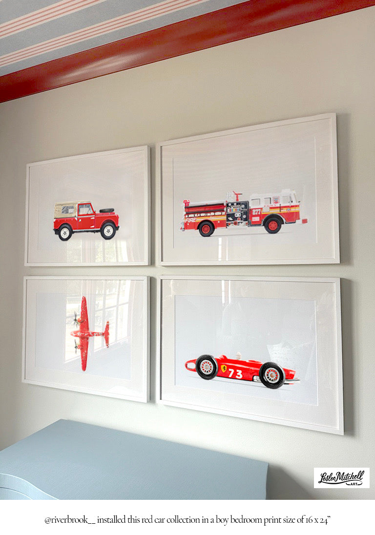 Set of Four - Red Classic Car Art Prints Designer Curated