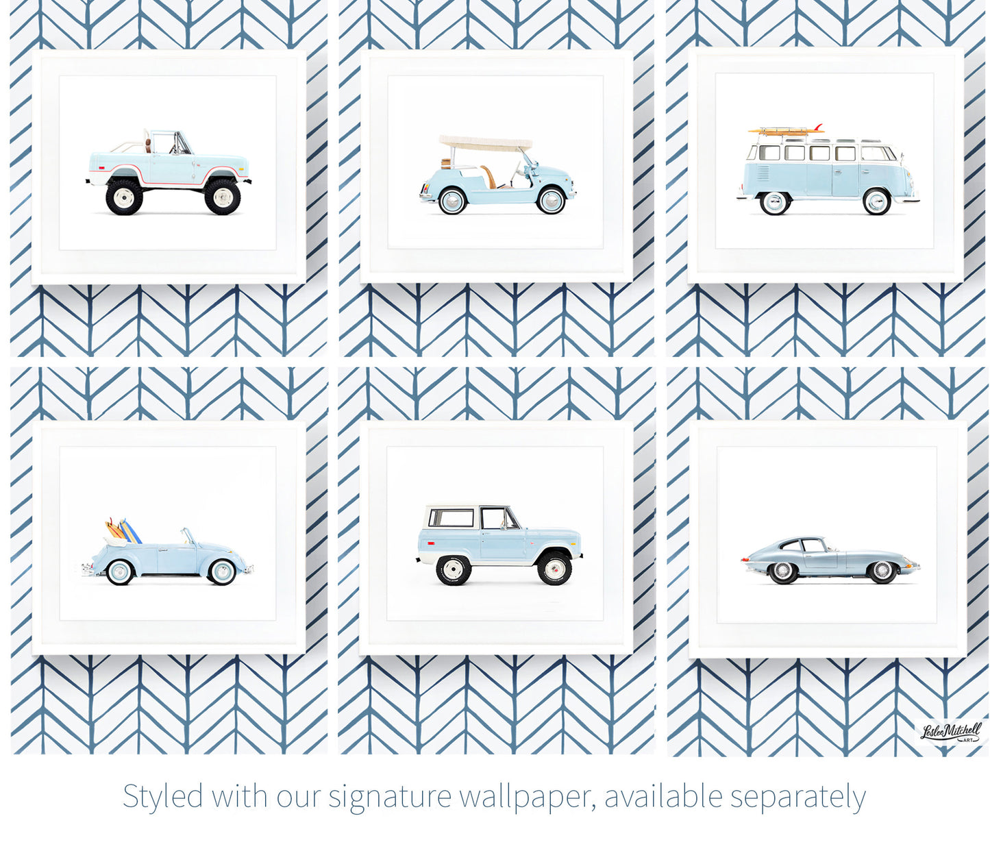 Six framed vintage car art prints in light blue displayed in a 2 by 3 grid on navy blue herringbone patterned wallpaper, showcasing a cohesive coastal transportation theme for a child's bedroom.
