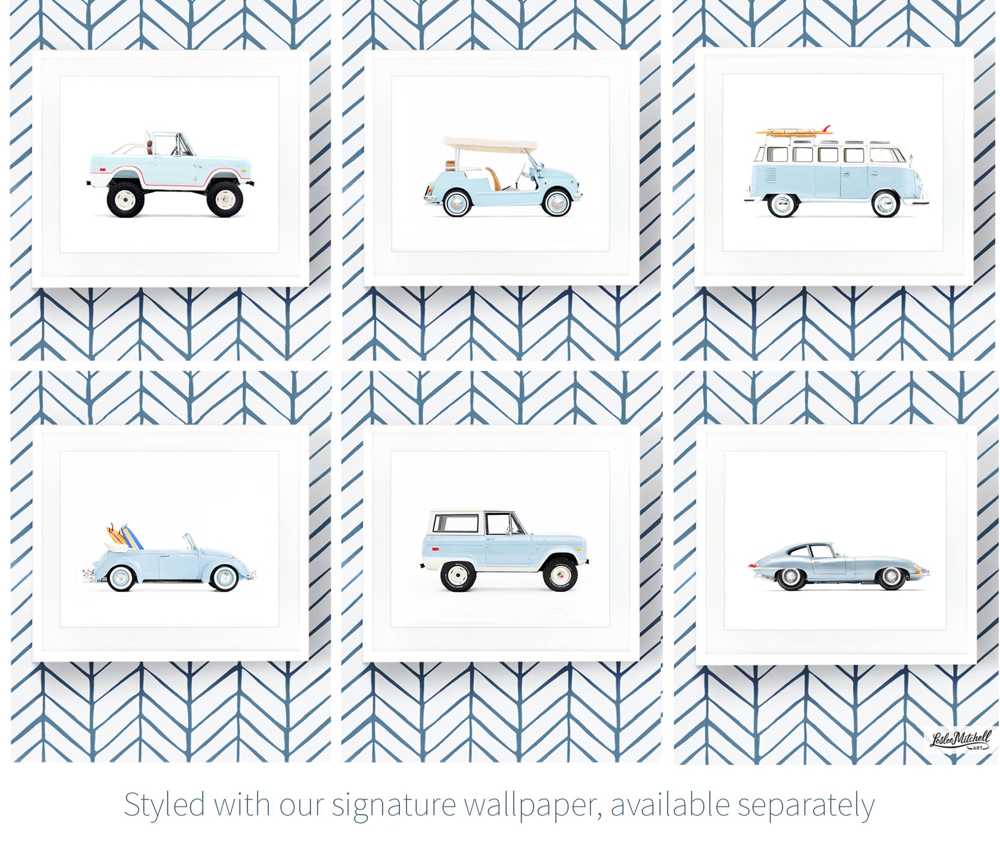 Six framed vintage car art prints in light blue displayed in a 2 by 3 grid on navy blue herringbone patterned wallpaper, showcasing a cohesive coastal transportation theme for a child's bedroom.