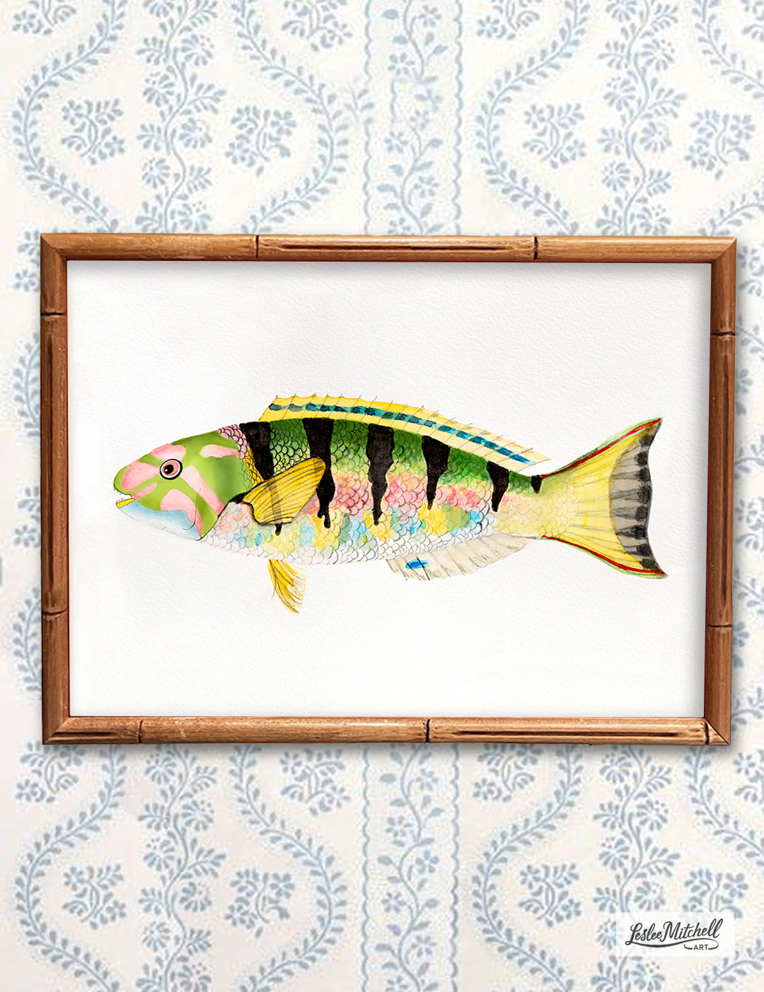 Tropical Fish Giclèe Print in Vintage Asian Bamboo Faux Frame